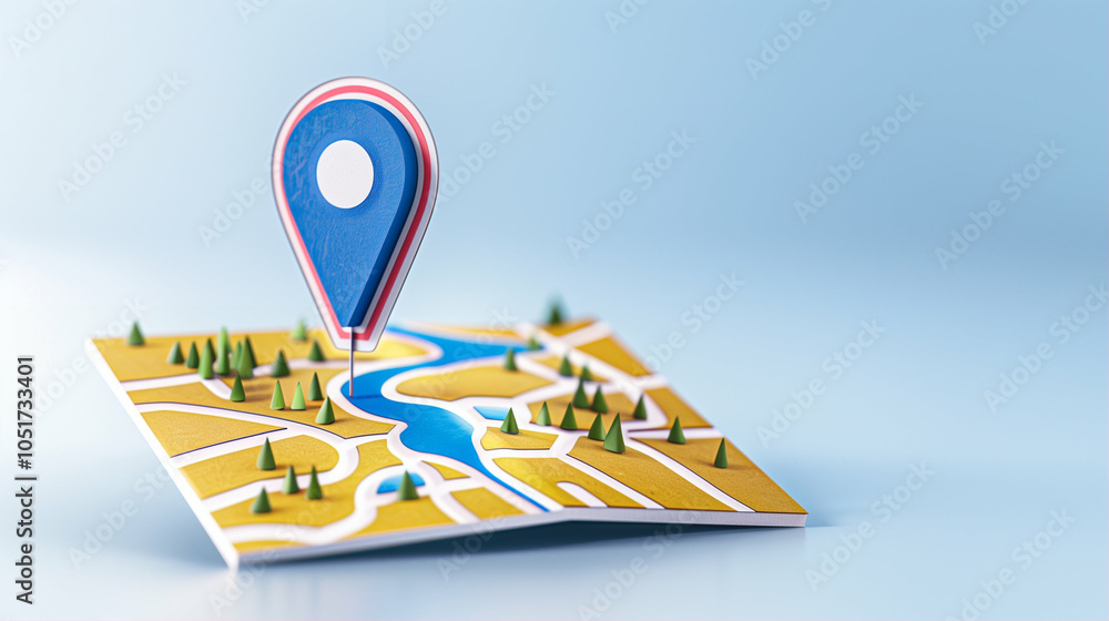 Poster map with location pin on a colorful 3d design against a soft background showcasing outdoor terrain a
