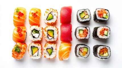 Appetizing Sushi Rolls Displayed on White Background for Food Concepts