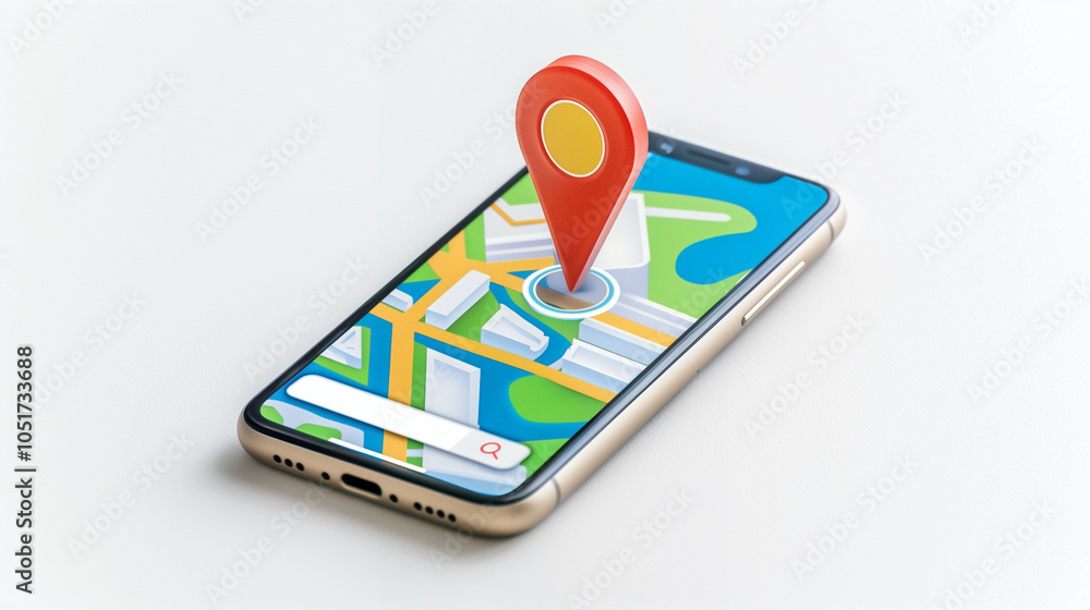 Poster smartphone with map displaying location pin for navigation and travel
