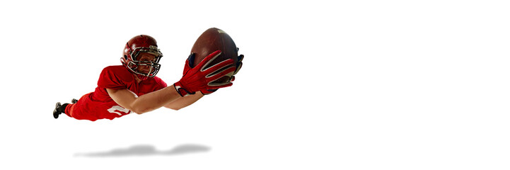Dynamic cinematic image of man, American football player in red uniform, catching ball in motion...