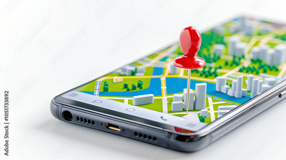 Poster smartphone with map displaying location pin on screen for navigation and travel planning