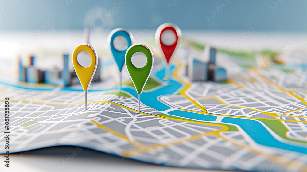 Poster map with location markers and pins for navigation and planning in urban setting