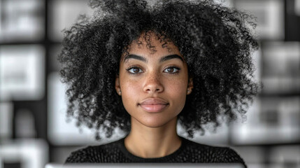 Fototapeta premium A confident young woman with curly hair gazes at the camera, set against a backdrop of creative design elements in a workspace