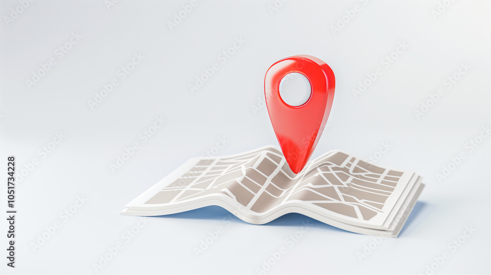 Poster map with red location pin on a detailed road map highlighting navigation and travel planning service