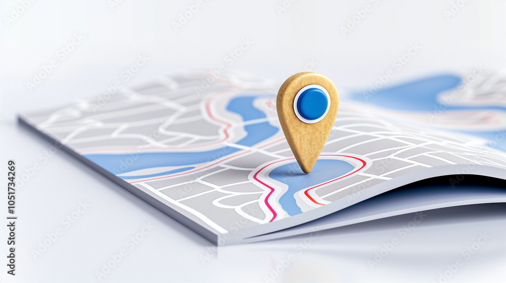 Poster map pin on map indicating location with blue and yellow elements for navigation and travel