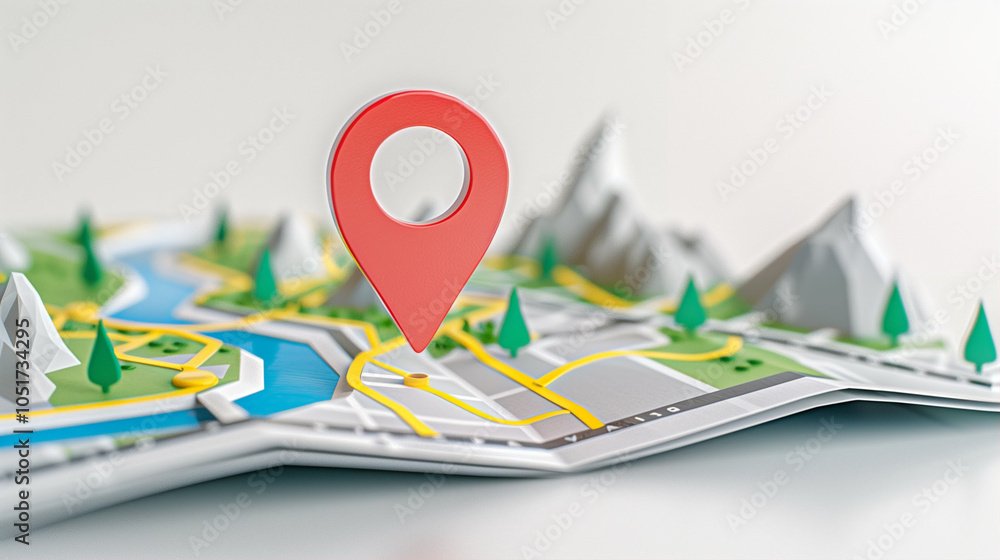 Poster map with location marker on detailed terrain design showcasing navigation and exploration features
