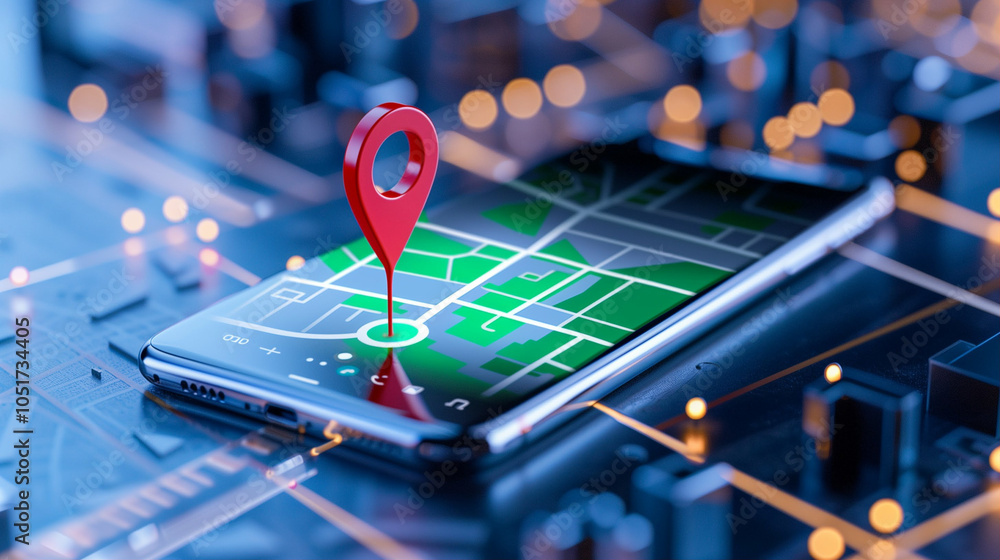 Poster smartphone showing map with location pin on urban background for navigation and travel
