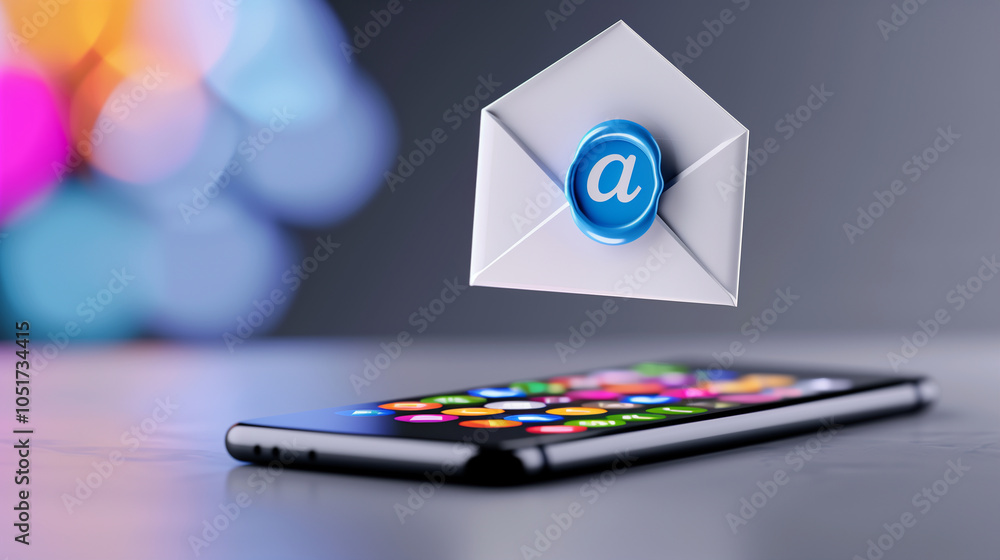 Poster smartphone with email icon floating above; digital communication modern technology messaging app mob