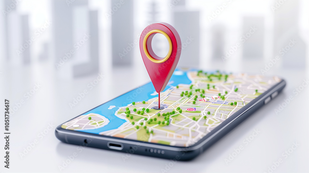 Poster smartphone with map and location pin on screen in modern urban background showcasing navigation tech