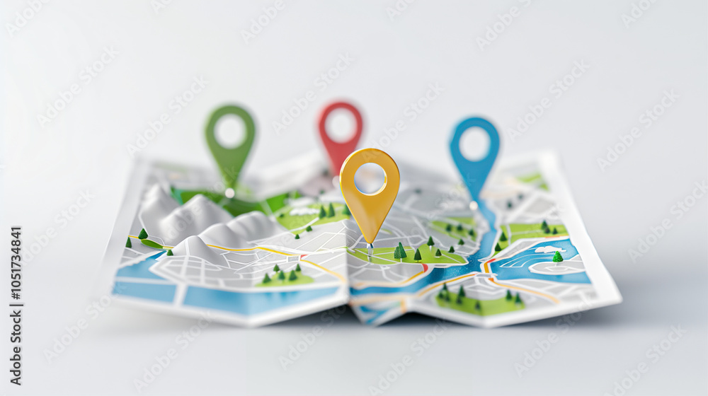 Poster map with location markers and landmarks in vibrant colors showing navigation routes and geographic f