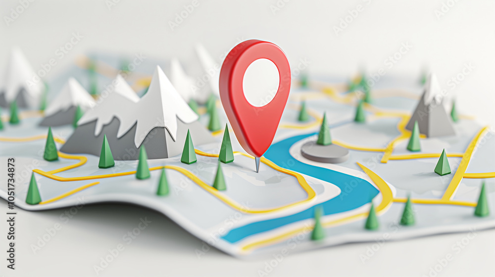 Poster map with location marker on travel map showing terrain and river paths in 3d design