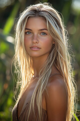 Naklejka premium Soft sunlight illuminates a young woman's face as she stands in a vibrant field, exuding confidence and natural charm during late afternoon