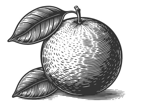 Naklejki orange fruit surrounded by leaves, showcasing a classic woodcut or engraving style art sketch engraving generative ai raster illustration. Scratch board imitation. Black and white image.