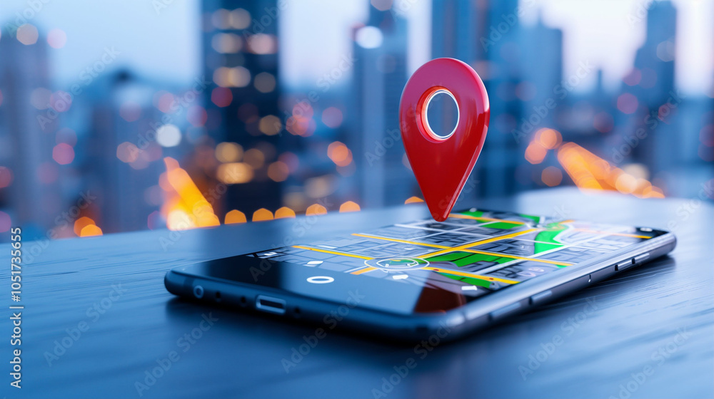 Poster smartphone with map and location pin showing navigation in an urban setting