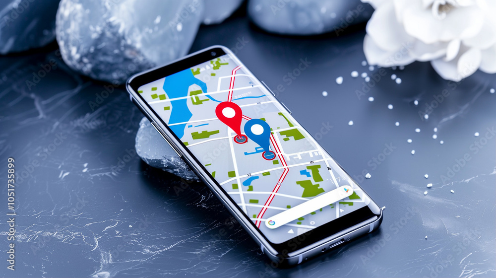 Poster smartphone displaying navigation map with location pins and modern design