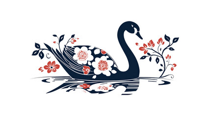 Elegant Swan with Floral Design in Blue and Red
