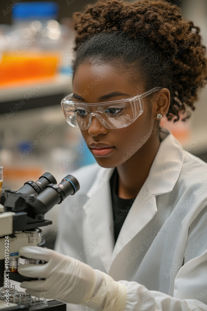 Poster a dedicated scientist analyzes samples using a microscope in a well-equipped lab designed for advanc