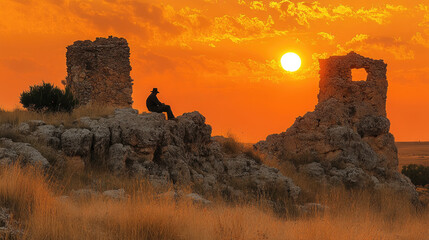 Fototapeta premium A person sits peacefully on ancient ruins, enjoying a stunning sunset with rich colors illuminating the sky and surrounding rocks