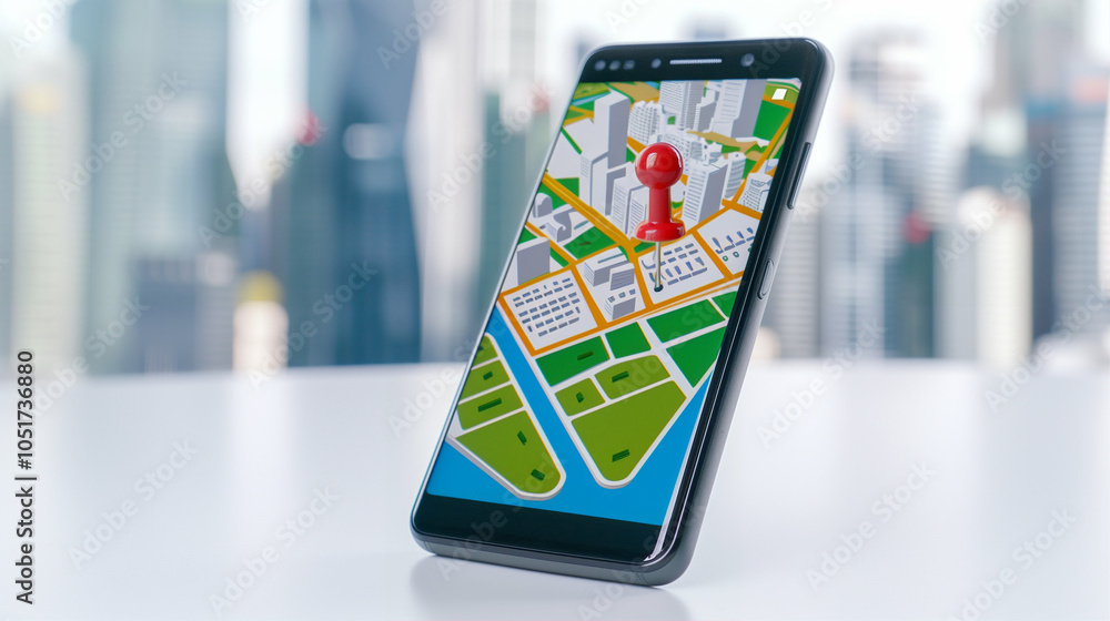 Poster smartphone displaying mobile mapping and location services in urban environment