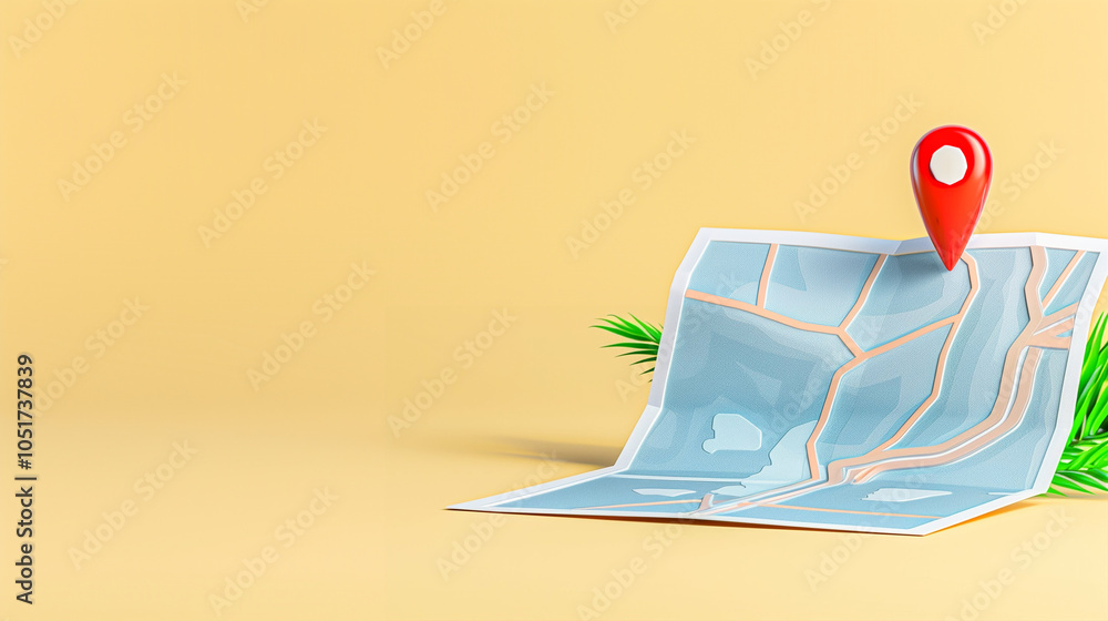 Poster map with location pin on travel map highlighting specific destinations and guiding paths