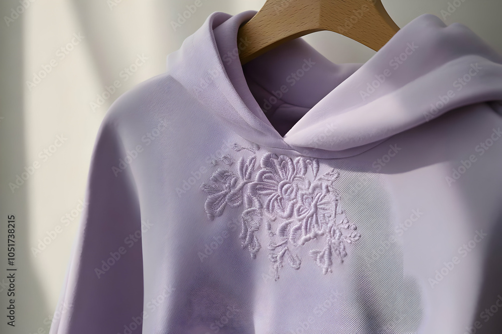 Wall mural hoodie mockup - a close-up of a lavender hoodie featuring floral embroidery on the chest area.