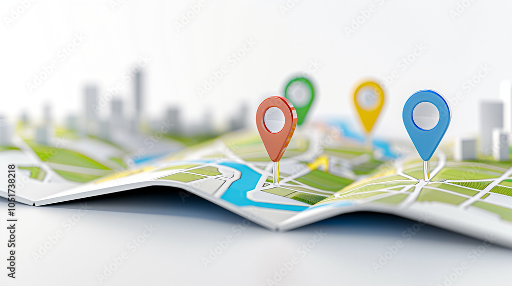 Poster map with colorful location pins marking points of interest and city map layout for navigation purpos