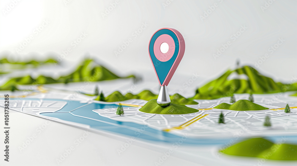 Poster map pin on colorful map with mountains and river details for navigation and location tracking
