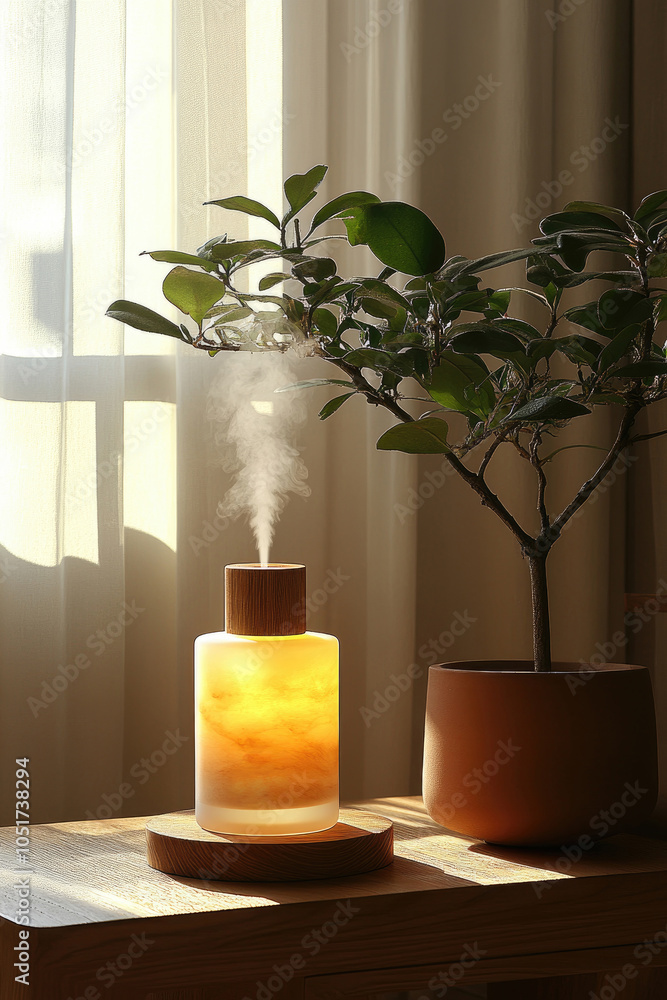 Poster sunlight filters through sheer curtains, illuminating a relaxing space with an essential oil diffuse