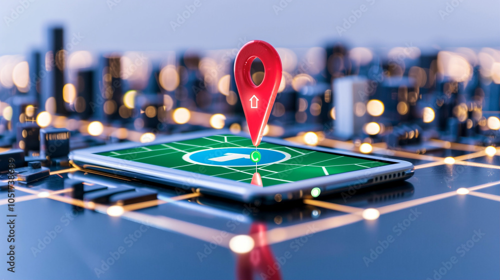 Poster smartphone with location pin on map highlighting navigation features and urban landscape