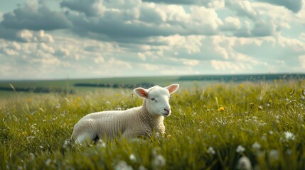 Obraz premium A peaceful lamb peacefully relaxing in the sunny hillside pasture surrounded by green grass and blooming flowers