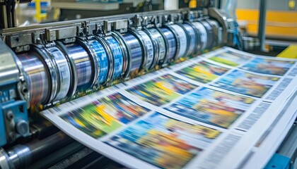 A close-up of a printing press with multiple printing rollers and a continuous sheet of paper with printed pages.