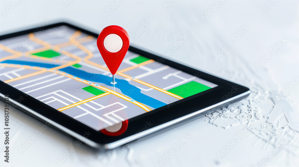 Poster tablet with map showing location pin on screen for navigation and travel planning