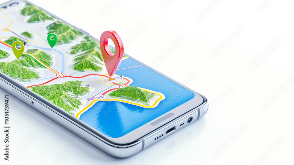 Poster smartphone with map displaying navigation pin location for travel technology and geography insights