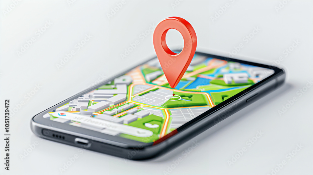 Poster smartphone with map showing location pin on screen for navigation and directions