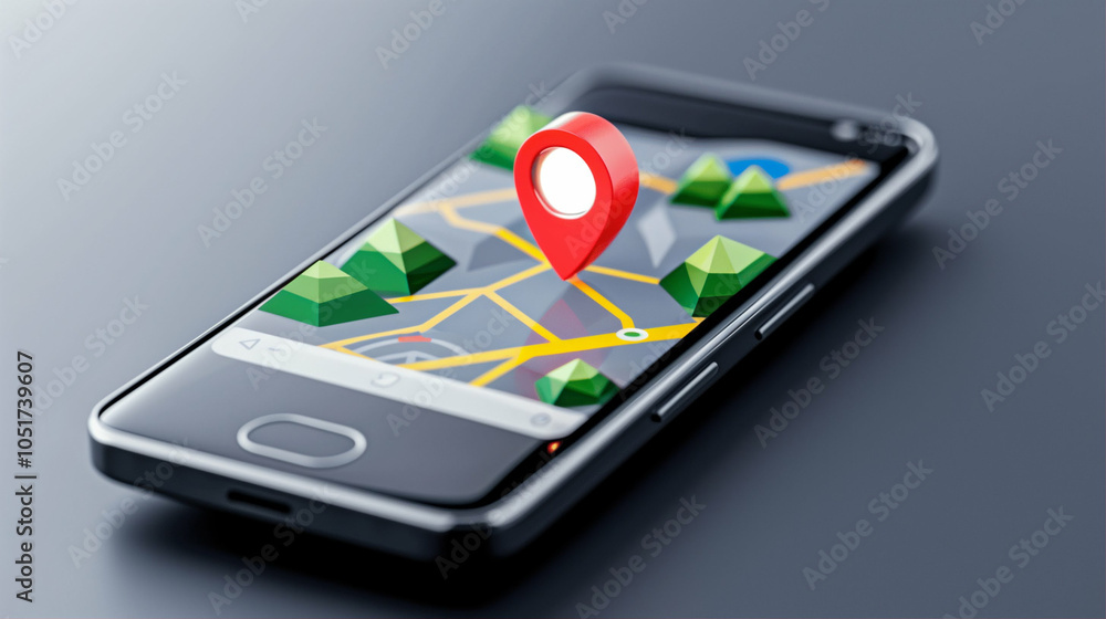 Poster smartphone displaying mobile map with location pin and green markers for navigation and travel