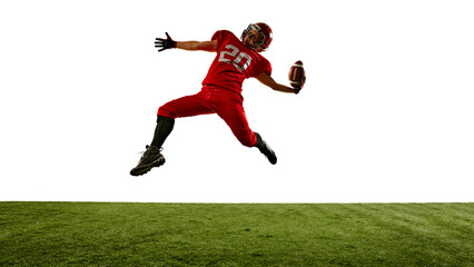 Dynamic image of determined athlete, American football player in motion on stadium, throwing ball with focus, playing. Concept of sport, competition, tournament, game. Copy space