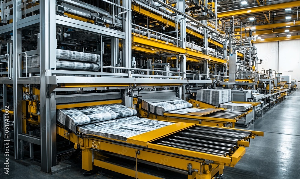 Poster a large industrial printing press in a factory setting with rolls of paper and printing plates.