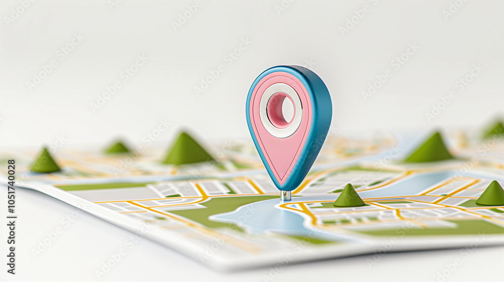 Poster map with location pin and green hills indicating adventure and navigation