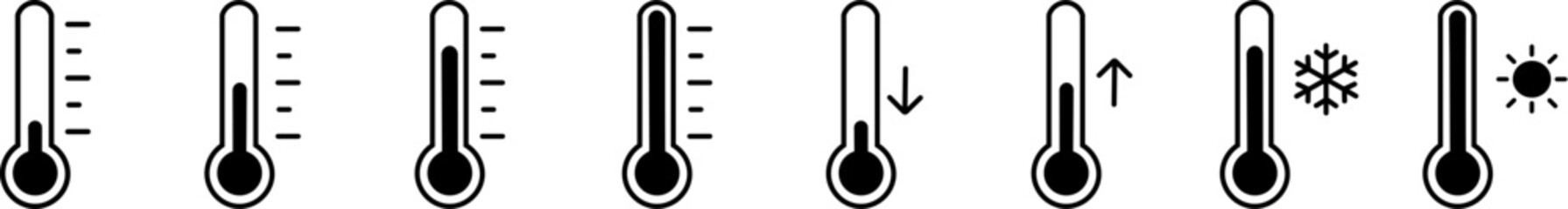 Thermometer with black scale, climate control, weather change, vector flat black icon with sun or snowfall, weather pictogram. Temperature thermometer icon collection on white background