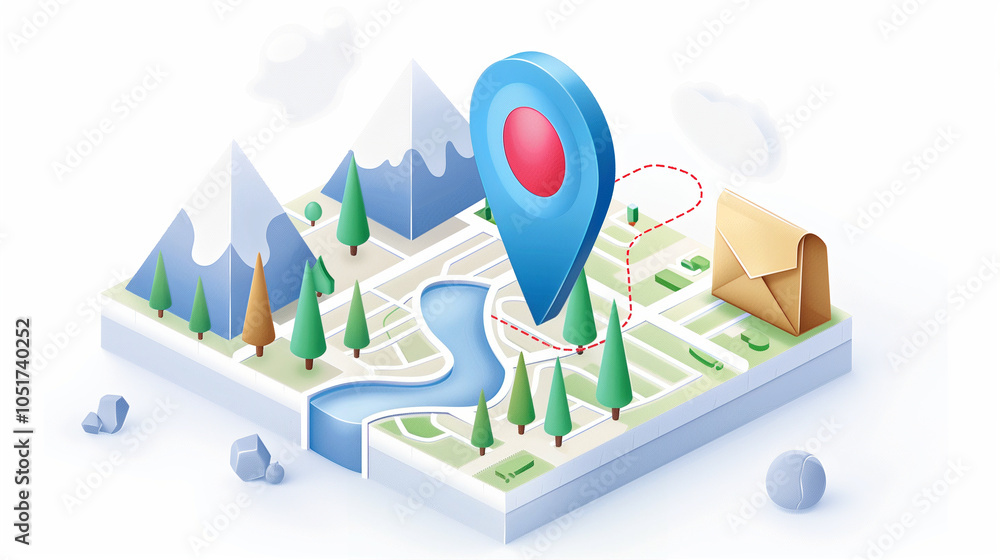 Poster location marker on map with trees and river for travel navigation