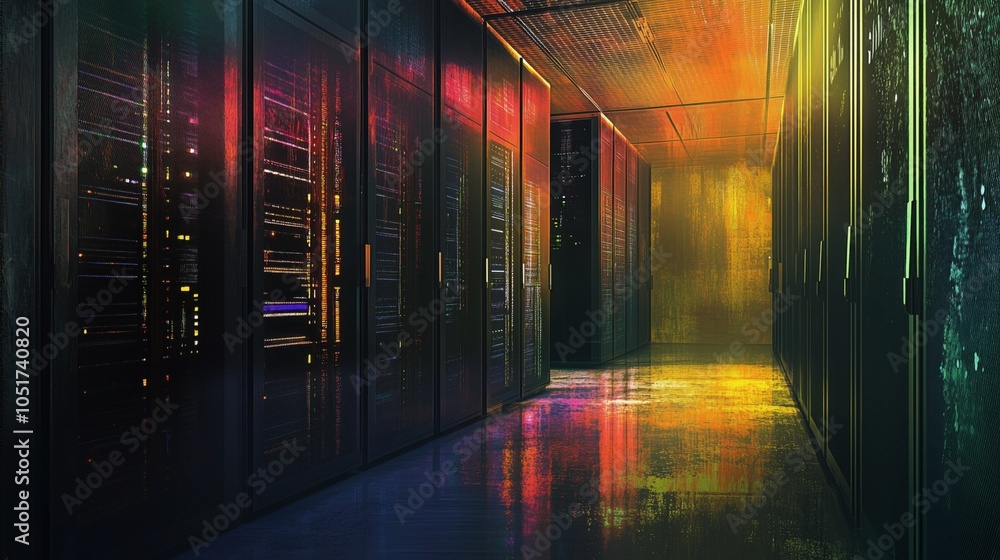 Poster colorful data center corridor with illuminated server racks and reflections