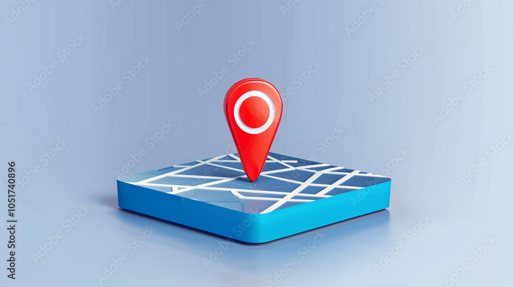 Poster map pin on a colorful map indicating location for navigation and travel