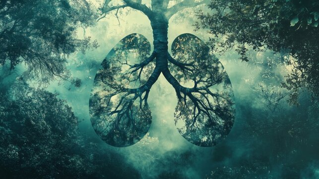 Lungs shaped tree symbolizing nature's breath and vitality, surrounded by misty forest - Powered by Adobe
