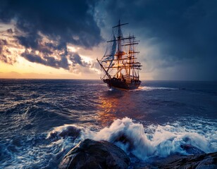 Obraz premium A majestic tall ship with illuminated sails navigates through a stormy sea at dusk, with waves crashing against rocky shores