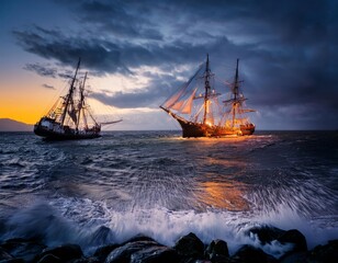 Obraz premium A majestic tall ship with illuminated sails navigates through a stormy sea at dusk, with waves crashing against rocky shores