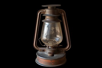An antique kerosene lantern with a glass globe and a metal frame, isolated on a black background.