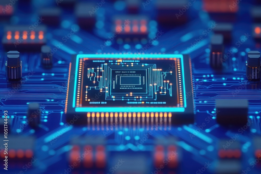 Poster close-up view of a microchip on a circuit board, highlighting intricate details and vibrant blue col