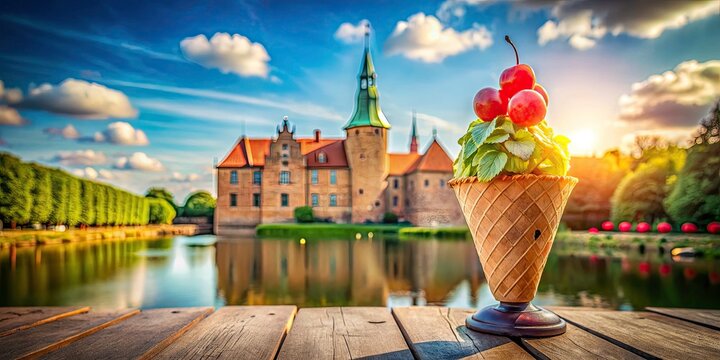 Bokeh Effect of Koldinghus Castle in Kolding with Ice Cream Cone Illustrations for Summer Vibes, Danish Heritage, and Delicious Treats in a Charming Town Setting