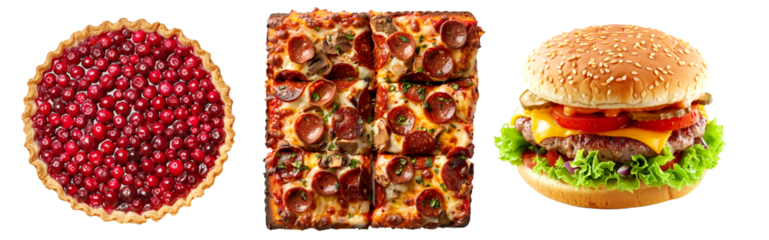 Cheeseburgers with vegetables, Italian pizza and mixed berry pie isolated on white background, a delicious American comfort food