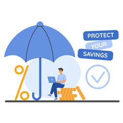 Financial security concept showing a person under an umbrella, symbolizing savings protection and growth